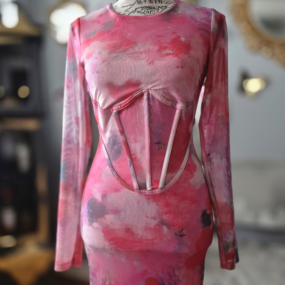 Bardot Barbiecore Form-Fitting Pink and Purple Tie-Dye Maxi Dress XS